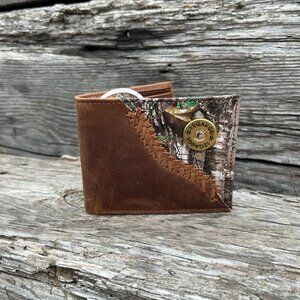 Distressed Leather and Realtree Camo Bifold Wallet with 12 Gauge Shell Concho